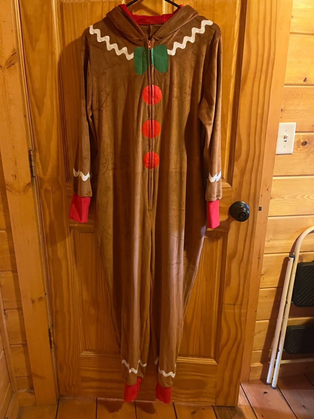 Brown Gingerbread Costume Onesie with Red Accents